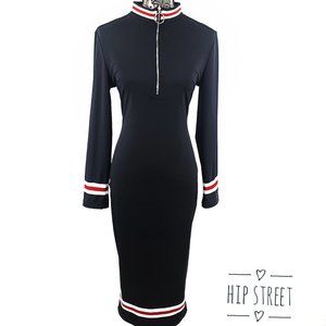 SHEIN Zip Neck LS Stripe Accent Stretch Sheath Midi Dress L
